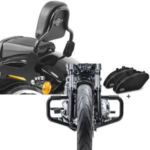 Set : Sissy Bar compatible avec Softail/Sport Glide 18-24 noir CSS + pare cylindre Mustache et sacs interieurs compatible avec Sportglide 18-24