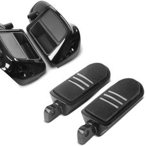 Set: Beinschild für Harley Touring Modelle 2014-2021 belüftet schwarz + Fußrasten Fahrer-Sozius BQ für Harley Universal schwarz_1