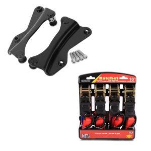 Set: 4-Punkt Montagekit für Harley Touring 14-21 Anbausatz in schwarz + Spanngurt Set mit Ratsche und Haken inkl 4x Zurrschlaufe in rot_1
