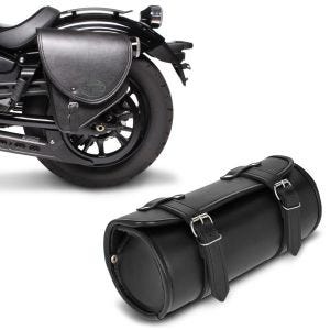 Set: Satteltasche links Indiana 10Ltr Seitentasche passend für Chopper schwarz + Werkzeugrolle Kansas 3Ltr Custom Werkzeugtasche in schwarz