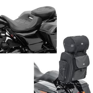 Set: Selle compatible avec Harley Davidson Touring 09-24 Siège Craftride RH3 noir + Moto Sissy Bar Sacoche arrière Craftride SXL avec Sac Rouleau en noir