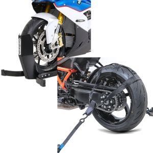 Set: Motorradwippe Easy Plus Vorderradwippe Motorradständer bis 21" schwarz + Hinterrad Zurrgurt mit 4x Ratschen-Spanngurten Set Abspanngurt_1