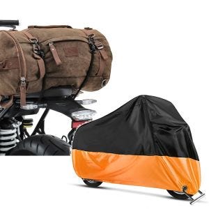 Set: Hecktasche Vintage 35L Canvas Rucksack Gepäckrolle braun + Abdeckplane Harley Softail Street Bob / Fat Bob / 114 XXL in -orange_1