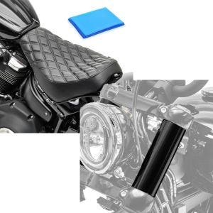 Set: Solo Sitz Gel passend für Harley Davidson Softail Street Bob / Standard 18-24 Sitzbank DS4 + Gabelcover passend für Harley Davidson Street Bob 18-24 Gabel Abdeckung Craftride GC2