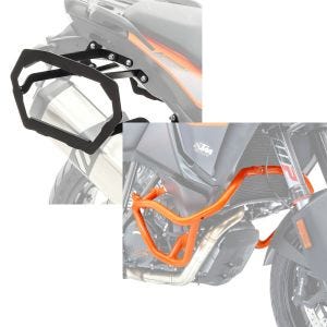 Set: Kofferträger passend für KTM 1050 Adventure 15-16 SLP für Alukoffer und Satteltaschen + Sturzbügel passend für KTM Super Adventure 15-20 Schutzbügel orange