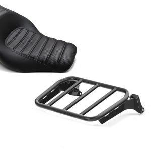 Set: Sitzbank passend für Harley Davidson Softail Modelle 18-24 Craftride TR2 Komfort Doppelsitzbank + Gepäckträger für Sissybar passend für Harley Davidson Softail 18-24 schwarz Craftride