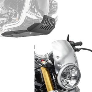 Set: Sabot moteur compatible avec BMW R NineT 14-23 Motoguard pare moteur Aluminium noir + Pare brise compatible avec BMW R NineT 14-23 Saute vent Craftride CW9 argent