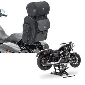 Set: Sissybar Tasche für Harley Heritage Softail Classic / 114 Hecktasche Craftride SXL mit Gepäckrolle + Hebebühne Harley Davidson Heritage Softail Classic / 114 ConStands Mid-Lift L in schwarz_1
