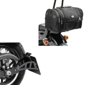 Set: Seitlicher Kennzeichenhalter passend für Harley Davidson Sportster 883 91-03 Craftride schwarz + Hecktasche passend für Chopper / Custombike Custom Gepäckrolle Craftride RB1 24-30Ltr CB13470
