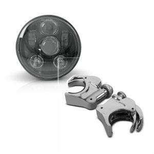 Set: Hauptscheinwerfer LED 5,75 Zoll für Harley Sportster 883 Iron 09-20 schwarz von Craftride + Windschild Klammern 39mm für Harley Davidson Sportster 883 Iron 09-20 chrom Craftride_1