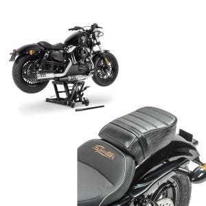 Set: Hebebühne Harley Davidson Sportster Forty-Eight 48 ConStands Mid-Lift L in schwarz + Sozius Sitz mit Polsterung für Harley Sportster Forty-Eight 48/ 883 Iron Craftride_1