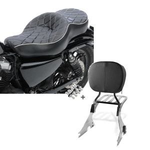 Set: Doppel Sitzbank für Harley Davidson Sportster 1200 T Superlow 14-20 DB1 Sitz Craftride + Sissy Bar mit Gepäckträger und Docking Kit für Harley Davidson Sportster 1200 T Superlow 14-20 chrom Craftride_1