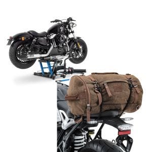 Set: Hebebühne Triumph Bonneville Bobber Motorradheber ConStands Mid-Lift L in blau + Hecktasche Vintage 25L für Triumph Bonneville Bobber / Black braun Craftride_1