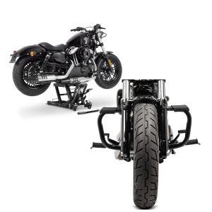 Set: Hebebühne Harley Davidson Sportster Forty-Eight 48 ConStands Mid-Lift L in schwarz + Sturzbügel für Harley Davidson Sportster Forty-Eight 48 (XL 1200 X) 10-20 Craftride Mustache schwarz_1