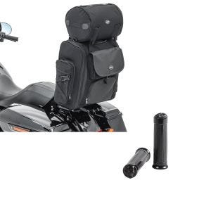 Set: Sissybar Tasche für Harley Sportster Forty-Eight 48 / Special Hecktasche Craftride SXL mit Gepäckrolle + Lenkergriffe für Harley Sportster Forty-Eight 48 / Special schwarz Craftride CG15_1