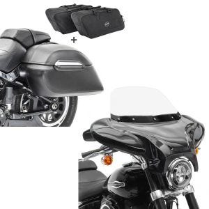 Set: Set Seitenkoffer + Innentaschen für Harley Breakout/ 114 Craftride K3 + Motorrad Batwing Verkleidung Craftride mit Windschild und Haltesatz in schwarz_1