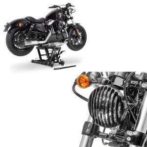 Set: Pont elevateur ciseaux compatible avec moto custom ConStands Mid-lift L noir CB11112 + Grille de Phare compatible avec Harley Davidson Sportster Forty-Eight 48 10-20 noir de Craftride