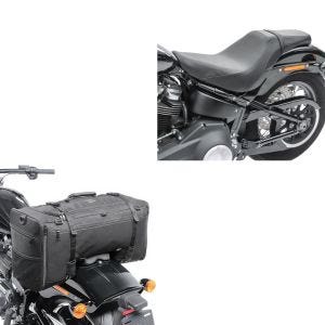 Set: Sitzbank passend für Harley Davidson Softail Modelle 18-23 Craftride BDL1 Doppelsitzbank + Hecktasche passend für Chopper / Custombike Slim SQ1 Craftride 52l schwarz CB13347