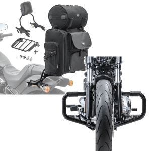 Set: Sissybar + Hecktasche für Harley Fat Bob / 114 18-21 R1 mit Gepäckträger schwarz Craftride + Motorrad Sturzbügel Craftride Mustache II für Harley Davidson Softail 18-21 in schwarz_1