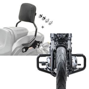 Set: Sissybar für Harley Fat Bob / 114 18-21 Craftride R1 mit Docking Kit schwarz + Motorrad Sturzbügel Craftride Mustache II für Harley Davidson Softail 18-21 in schwarz_1