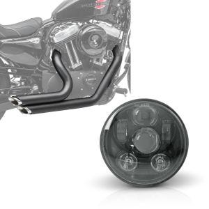 Set: Craftride Auspuff Harley Sportster Forty-Eight 48 10-13 Short-Shot Schalldämpfer Set schwarz + Hauptscheinwerfer LED 5,75 Zoll für Harley Sportster Forty-Eight 48 10-20 schwarz von Craftride_1