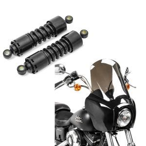 Set: Stoßdämpfer 11 Zoll Harley-Davidson Dyna Street Bob 06-17 Federbeine von Craftride schwarz + Frontverkleidung für Harley Dyna Low Rider / Street Bob Craftride MG5 mit Scheibe schwarz-rauchgrau_1