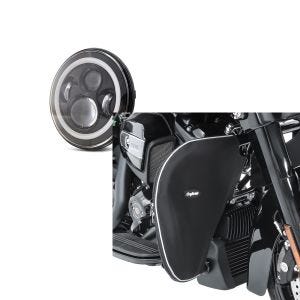 Set: LED Scheinwerfer 7" für Harley Davidson Street Glide / Special DRL Craftride schwarz + Sturzbügel Spritzschutz für Harley Street Glide 06-21 Beinwärmer Craftride_1