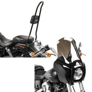 Set: Sissy bar XL compatible avec Harley Davidson Dyna Street Bob 09-17 Craftride SRL noir + Carenage compatible avec Harley Davidson Dyna Low Rider / Street Bob MG5 Craftride avec pare-brise noir-fumé