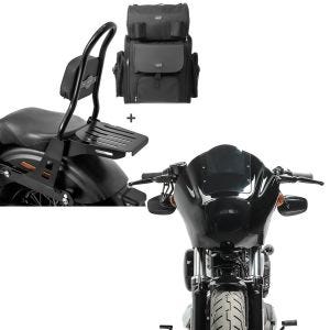 Set : Sissy Bar CSM+ sacoche arrière compatible avec Dyna Street Bob 09-17, Low Rider S Craftride porte-bagages detachable + Carenage de phare MG8 compatible avec Dyna Street Bob 06-17 Pare-Brise fumé Craftride