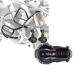 Set: Set Sturzbügel oben unten + Scheinwerfer XL4 für BMW R 1200 GS 08-12 Motoguard schwarz + LED Scheinwerfer für BMW R 1200 GS / Adventure 04-13 Hauptscheinwerfer mit ECE Lumitecs QL2_1