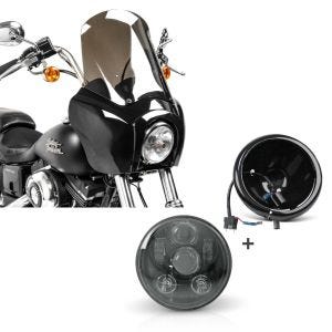 Set: Frontverkleidung für Harley Dyna Low Rider / Street Bob Craftride MG5 mit Scheibe schwarz-rauchgrau + LED Scheinwerfer Set 5,75 Zoll für Harley Dyna Street Bob 06-17 schwarz Craftride C6_1