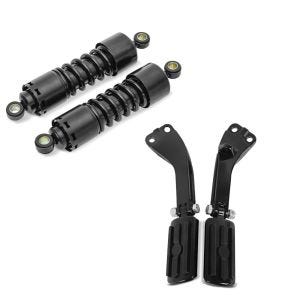 Set: Stoßdämpfer 11 Zoll Harley-Davidson Dyna Street Bob 06-17 Federbeine von Craftride schwarz + Sozius Fussrasten Set mit Halter für Harley Dyna Street Bob 06-17 BL1 schwarz Craftride_1