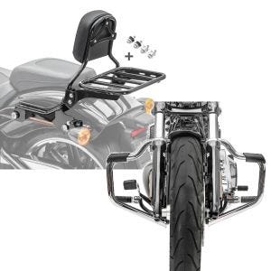 Set: Sissybar für Harley Breakout / 114 18-21 R1 mit Gepäckträger und Docking schwarz Craftride + Sturzbügel Mustache für Harley Davidson Softail 18-21 Schutzbügel 32mm chrome Craftride_1