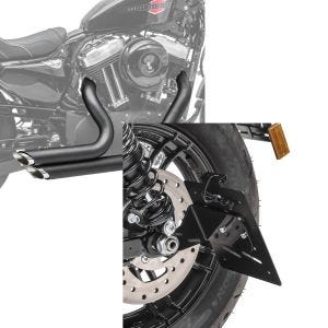 Set: Craftride Auspuff Harley Sportster Forty-Eight 48 10-13 Short-Shot Schalldämpfer Set schwarz + Kennzeichenhalter seitlich S für Harley Sportster Forty-Eight 48 10-20 schwarz Craftride_1