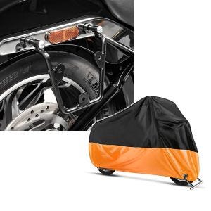 Set: Satteltaschenhalter für Harley Softail Street Bob 18-21 links-rechts Craftride + Abdeckplane Harley Softail Street Bob / Fat Bob / 114 Craftride XXL in schwarz-orange_1