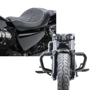 Set: Solo Sitz für Harley Sportster Forty-Eight 48 10-20 Craftride SR4 Sitzbank + Sturzbügel Mustache II für Harley Davidson Sportster Forty-Eight 48 10-20 Schutzbügel schwarz Craftride_1