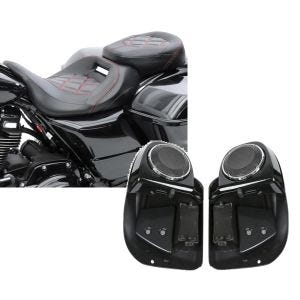 Set: Sitzbank für Harley Street Glide Special 15-21 Craftride RH3 schwarz-rot + Beinschild für Harley Davidson Street Glide Special 15-21 Craftride mit Lautsprecher schwarz_1