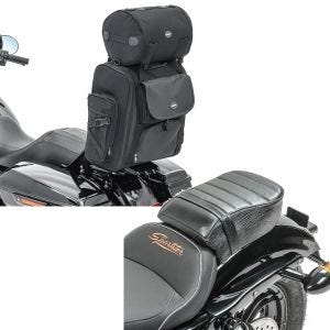 Set: Sissybar Tasche für Harley Sportster Forty-Eight 48 / Special Hecktasche Craftride SXL mit Gepäckrolle + Sozius Sitz mit Polsterung für Harley Sportster Forty-Eight 48/ 883 Iron Craftride_1