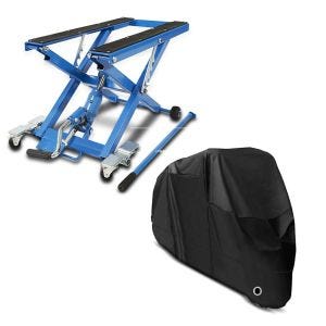 Set: Hydraulische Hebebühne Triumph Bonneville Speedmaster ConStands Mid-Lift XL blau + Abdeckplane Triumph Bonneville T100 / T120 / Speedmaster Craftride XL in schwarz_1