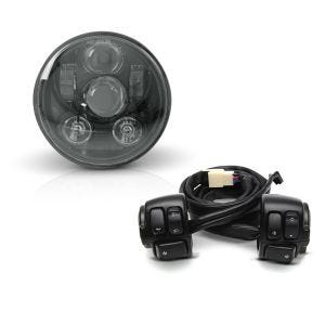 Set: Hauptscheinwerfer LED 5,75 Zoll für Harley Dyna Street Bob 06-17 schwarz von Craftride + Lenkerschalter für Harley Davidson Dyna Street Bob 06-11 Lenkerarmatur schwarz Craftride_1
