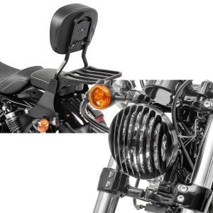 Set: Sissybar Harley Sportster 883 Iron (XL 883 N) 09-20 Craftride Fast Driver-S inkl. Gepäckträger schwarz + Scheinwerfer Grill Harley Sportster 883 Iron 09-20 schwarz von Craftride_1