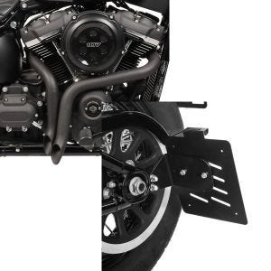 Set: Auspuff für Harley Softail Street Bob 18-21 Drag Pipe Schalldämpfer schwarz Craftride + Seitlicher Kennzeichenhalter für Harley Davidson Softail 18-21 Craftride schwarz_1