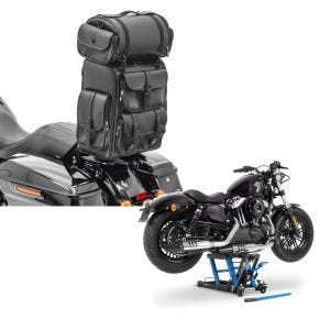 Set: Sissybar Tasche für Harley Freewheeler Hecktasche Craftride DLX mit Gepäckrolle + Hebebühne Harley Davidson Freewheeler Motorradheber ConStands Mid-Lift L in blau_1