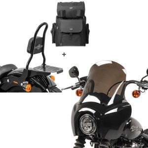 Set: Sissybar CSM + Hecktasche für Harley Softail Street Bob 18-21 abnehmbar mit Gepäckträger Craftride + Lampenmaske MG5 für Harley Softail Street Bob 18-20 Lampen Verkleidung rauchgrau Craftride_1