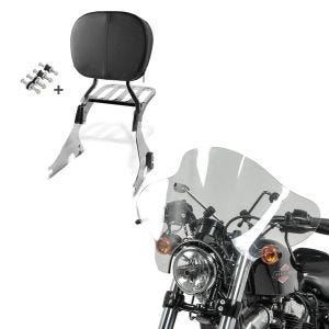 Set: Sissy Bar mit Gepäckträger und Docking Kit für Harley Davidson Sportster 1200 Custom 04-20 chrom Craftride + Windschild Batwing für Harley Sportster 1200 Custom 96-20 klar Craftride_1