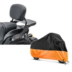 Set: Sissy Bar mit Gepäckträger für Harley Davidson Softail 2007-2017 schwarz CXS Craftride + Abdeckplane Harley Fat Boy Special / Lo - FXDR 114 Craftride XXXL schwarz-orange_1