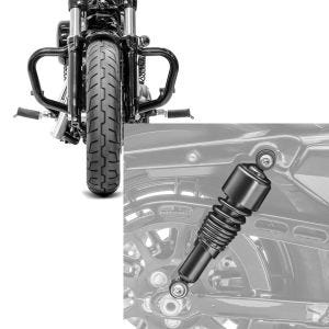 Set: Sturzbügel Mustache für Harley Sportster 883 Iron 09-20 Schutzbügel schwarz Craftride + Stoßdämpfer 10,5 Zoll Harley Sportster 883 Iron 09-20 Federbeine von Craftride schwarz_1
