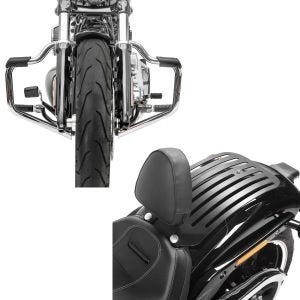 Set: Sturzbügel Mustache für Harley Davidson Softail 18-21 Schutzbügel 32mm chrome Craftride + Set Fahrer Rückenlehne Gepäckträger für Harley Breakout / 114 18-20 Craftride Sissybar_1