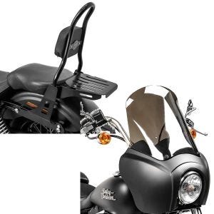 Set: Sissybar für Harley Davidson Street Bob 09-17/LR Craftride Fast Rider-M inkl. Gepäckträger schwarz + Frontverkleidung für Harley Dyna Street Bob 06-17 Craftride MG5 mit Scheibe schwarz-matt rauchgrau_1