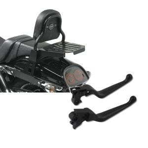 Set: Sissy Bar CSS Fix für Harley Dyna Fat Bob 10-17 mit Gepäckträger schwarz Craftride + Bremshebel und Kupplungshebel-Set Grip für Harley Davidson Dyna Fat Bob 08-17 schwarz Craftride_1